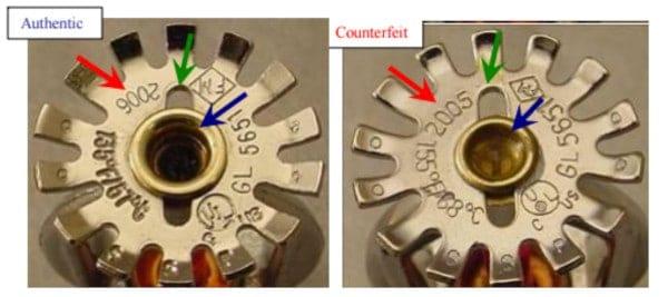 Counterfeit fire sprinkler comparison