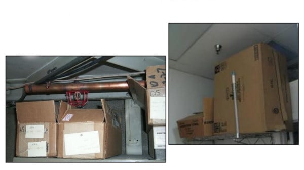 Storage blocking fire sprinklers