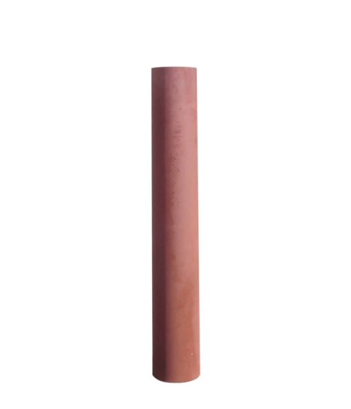 A steel pipe bollard coated in red primer on a white background.