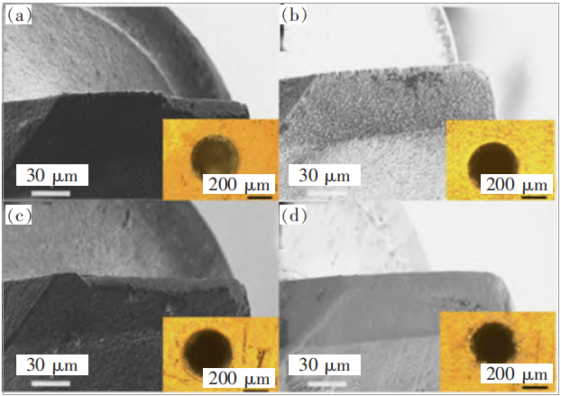 The flank wear and the hole quality of NCD coatedmicro-drills with varied pretreatment time and theuncoated micro-drills after 400 holes drilling