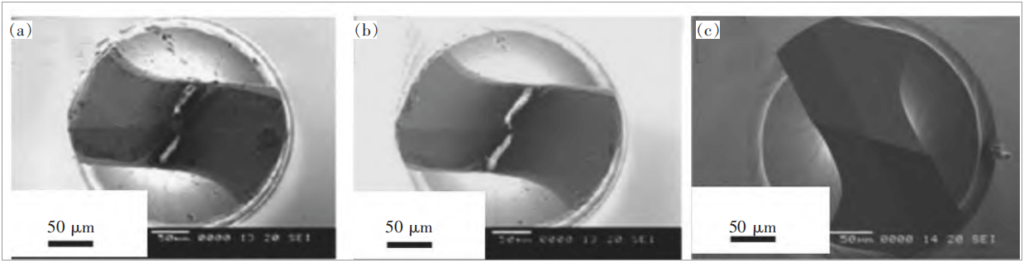 The morphologies of φ0.25 mm micro-drills after drilling 24 000 holes