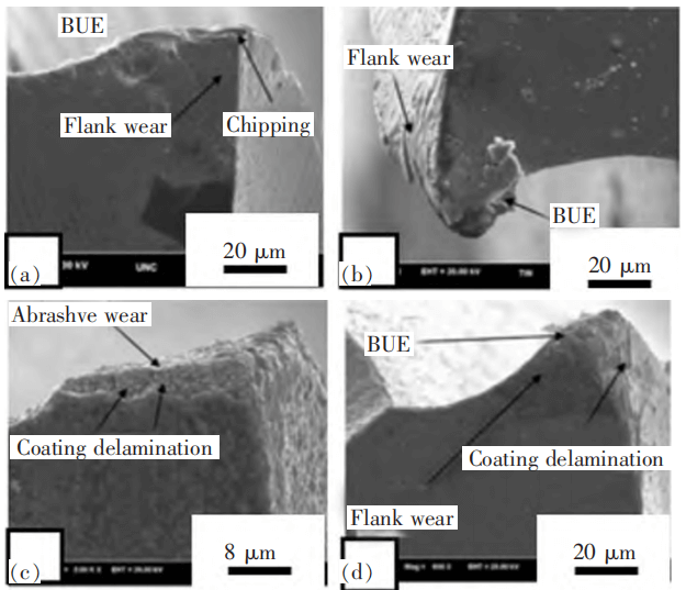 The wear morphologies of different φ0.5 mm coated micro-drills: (a) uncoated