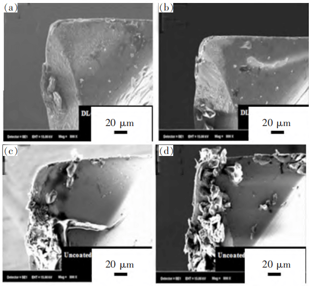 The adhesion of φ0.708 mm DLC coated millingtools and φ0.708 mm uncoated milling tools of differentfeed rate