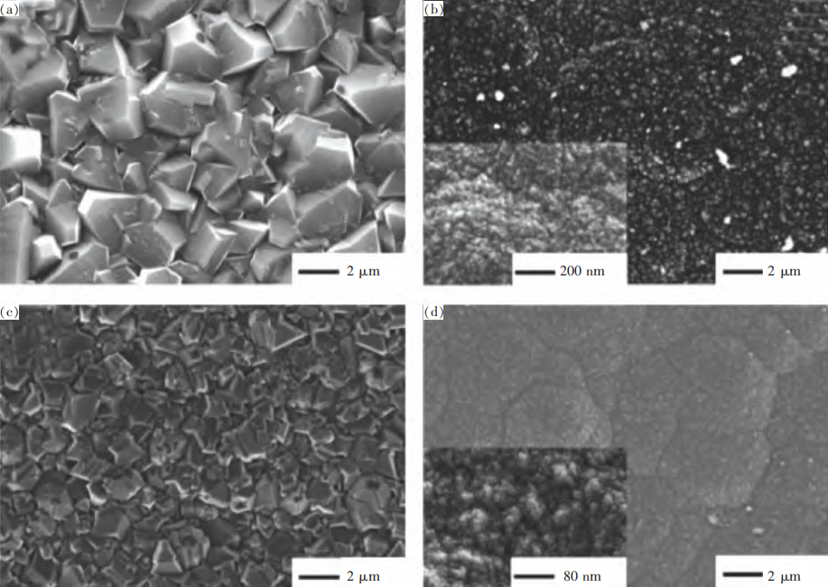 Fig.1 The morphology of as-deposited MCD and NCD coated balls and plates; (a) MCD film on ball; (b) NCD film on ball; (c) MCD film on plate; (d) NCD film on plate