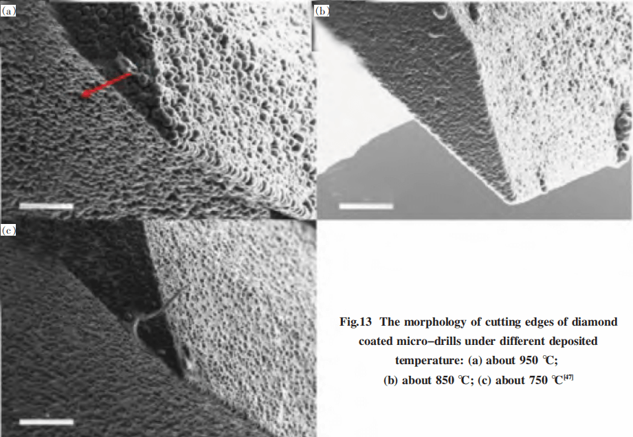 Fig.13 The morphology of cutting edges of diamond coated micro-drills under different deposited temperature: (a) about 950 ℃; (b) about 850 ℃; (c) about 750 ℃