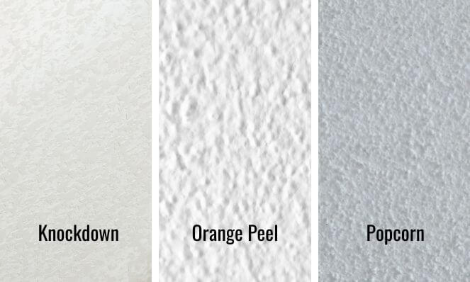 An image showing three different popcorn ceiling textures - Knockdown, Orange Peel and Popcorn from left to right.